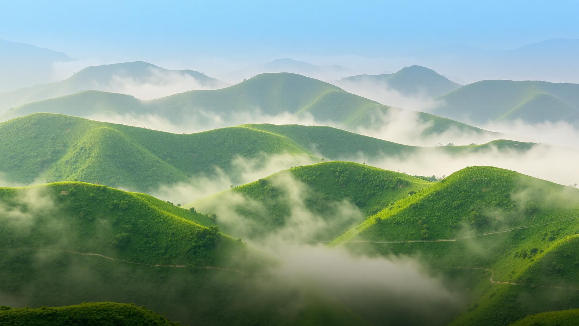 Misty green hills of Salalah during the Khareef season